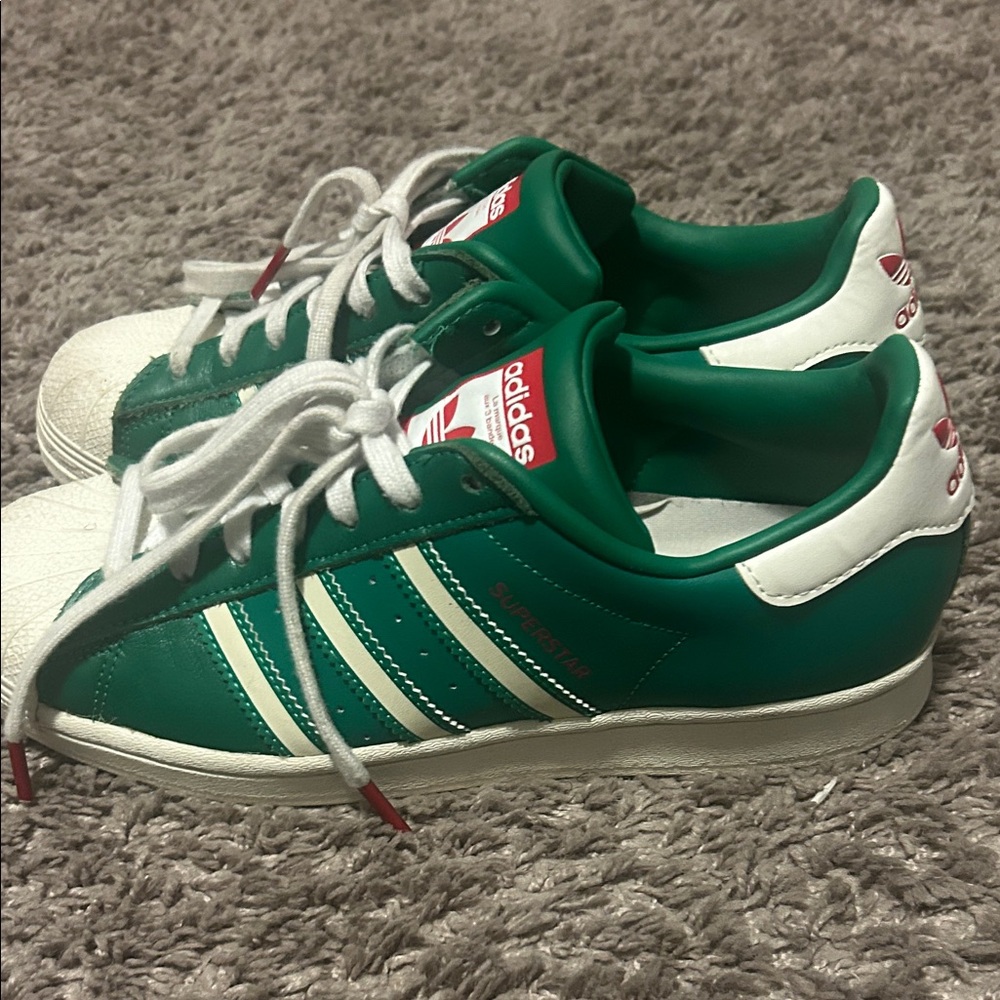 Adidas Superstar Green and White Shoes (Size 7)